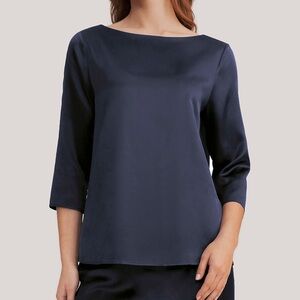 Vince Boatneck Navy Silk 3/4 Sleeve Top Blouse
